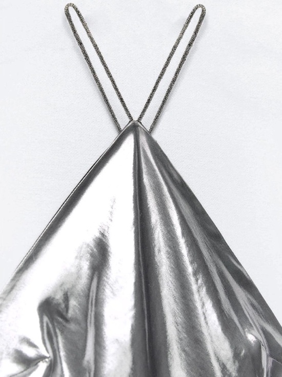 Zara Size M Silver Metallic Halter Neck Maxi Slip Dress Liquid Metal Look - Picture 5 of 9